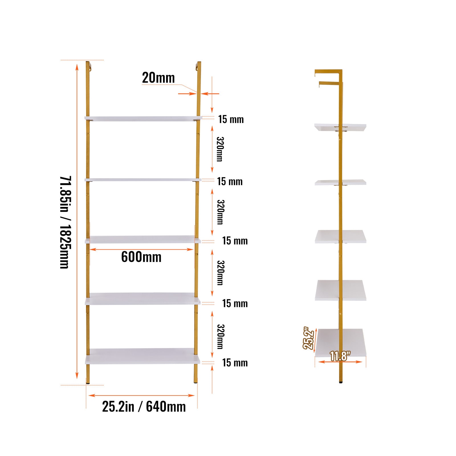 Industrial Square Pipe Shelf 5 Tier 24x11.8in Wall-Mount Gold White_voghion.com
